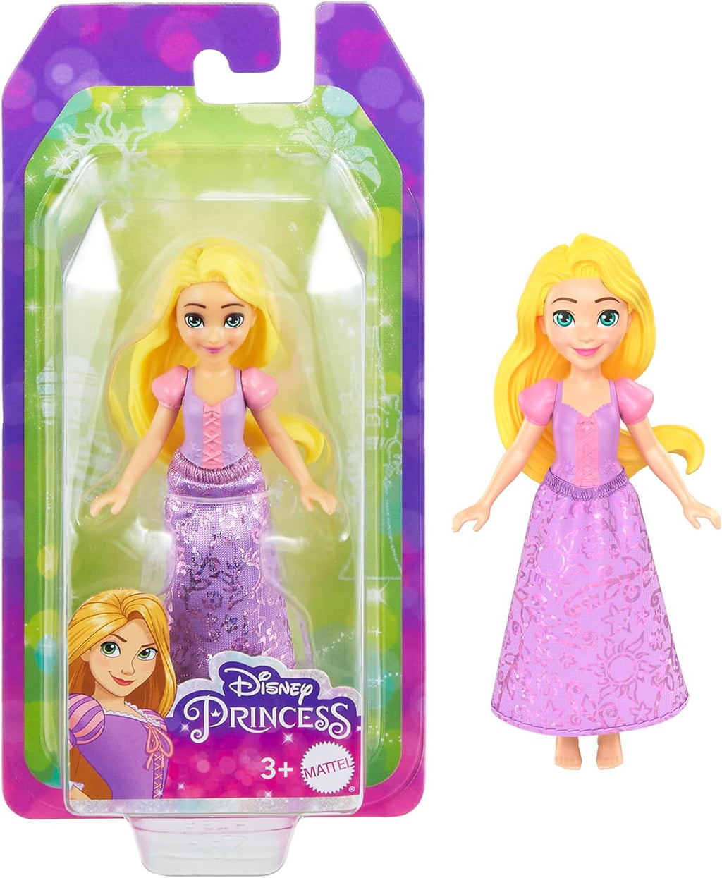 Mattel Disney Princess Rapunzel 4-inch mini doll toy with detailed dress and long blonde hair, perfect for imaginative play.
