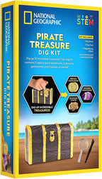 National Geographic Pirate Treasure Dig Kit by Playzokids showing a young explorer with a treasure chest and digging tools.
