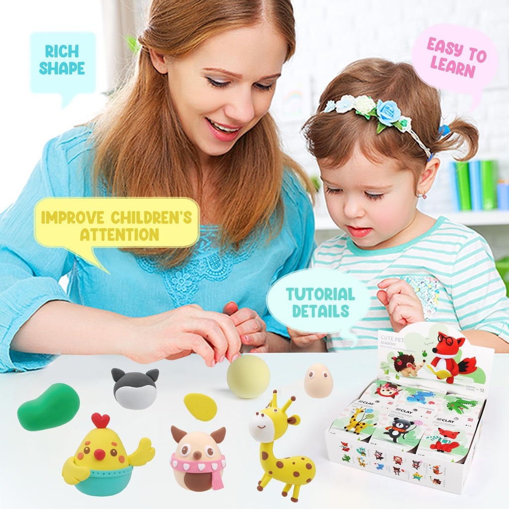 Set of 12 cute pet-themed air dry clay modeling kits for kids by Playzokids, featuring colorful clay for creative crafting.