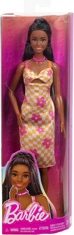 Barbie Fashionistas Doll Wearing Checkered Orange and Pink Flower Midi Dress