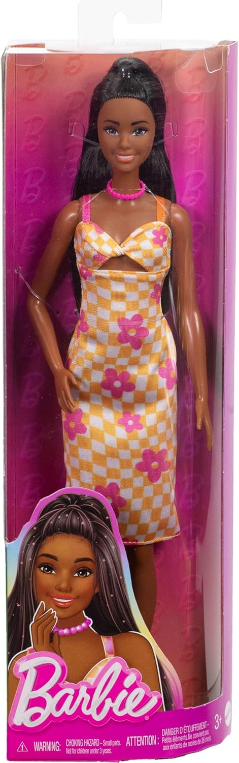 Barbie Fashionistas Doll Wearing Checkered Orange and Pink Flower Midi Dress