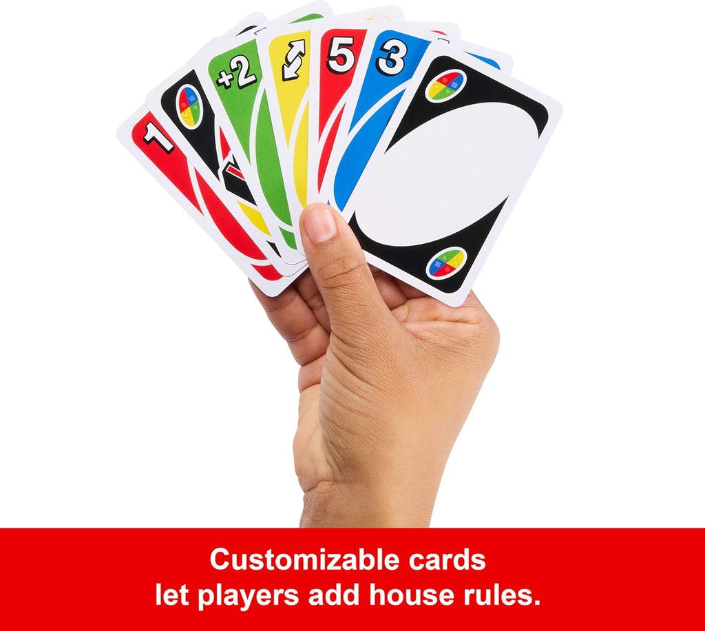 Mattel UNO classic card game with colorful playing cards arranged on a white background