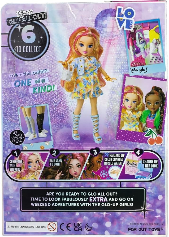 Playzokids Far Out Toys GLO-UP Girls Tiffany Blonde fashion doll with jewelry, hair gems, accessories, face stickers, makeup, and nails.