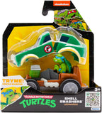 Teenage Mutant Ninja Turtles Shell Smasher Karts toy featuring Leonardo figure from Funrise with detailed turtle shell design and racing cart