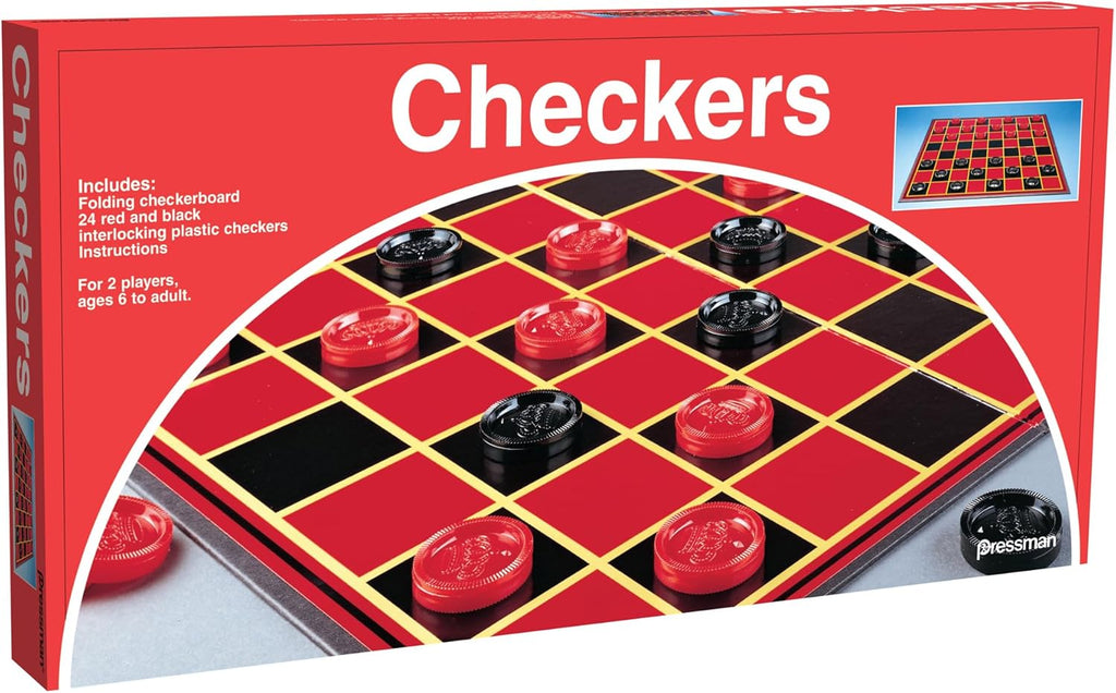 Pressman checkers folding board game with red and black checkers on a wooden board, ready for play.