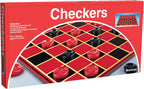 Pressman checkers folding board game with red and black checkers on a wooden board, ready for play.