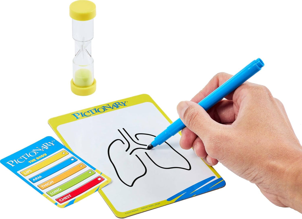 Mattel Pictionary board game with colorful game box and illustration of drawing and guessing scenes.