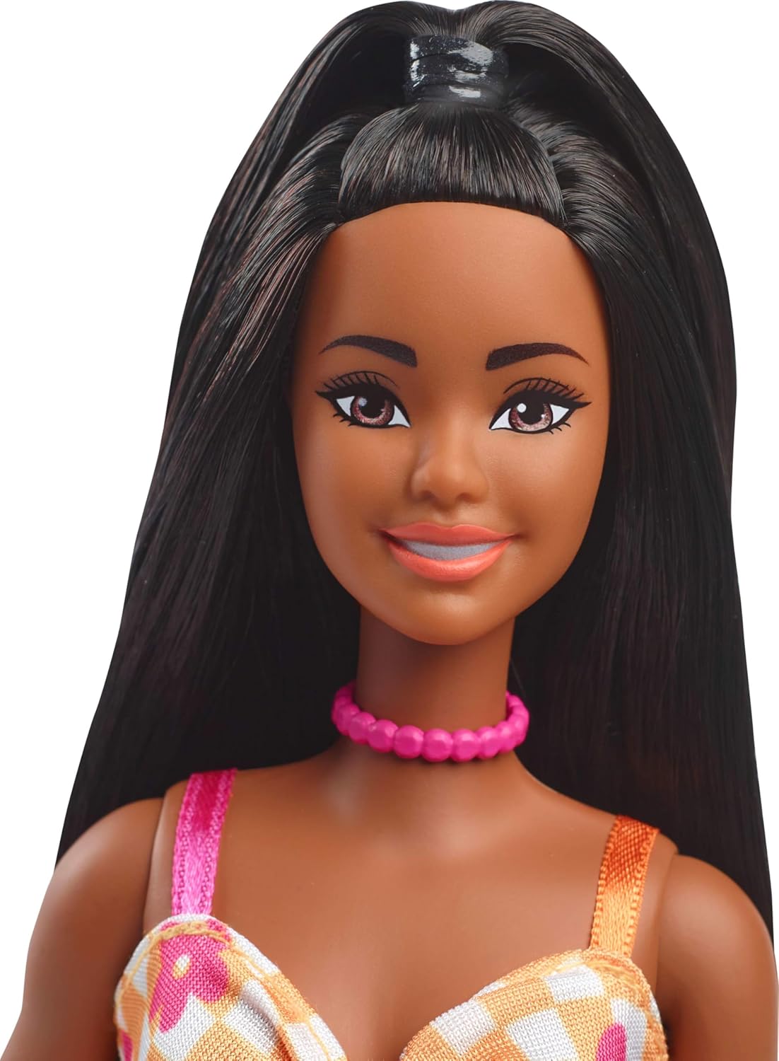 Barbie Fashionistas Doll Wearing Checkered Orange and Pink Flower Midi Dress
