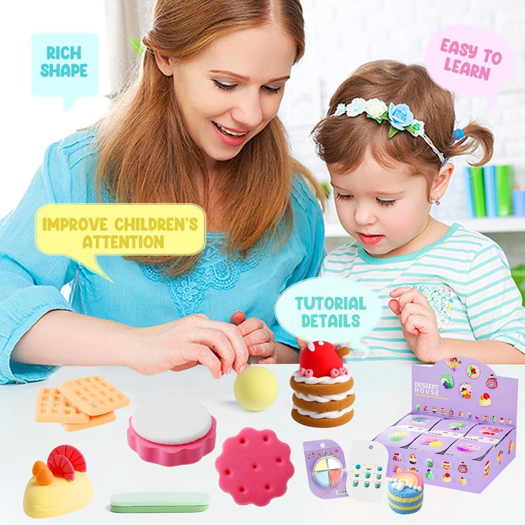 Playzokids air dry clay dessert house kit with 12 lightweight, soft, non-toxic modeling clay pieces for kids.