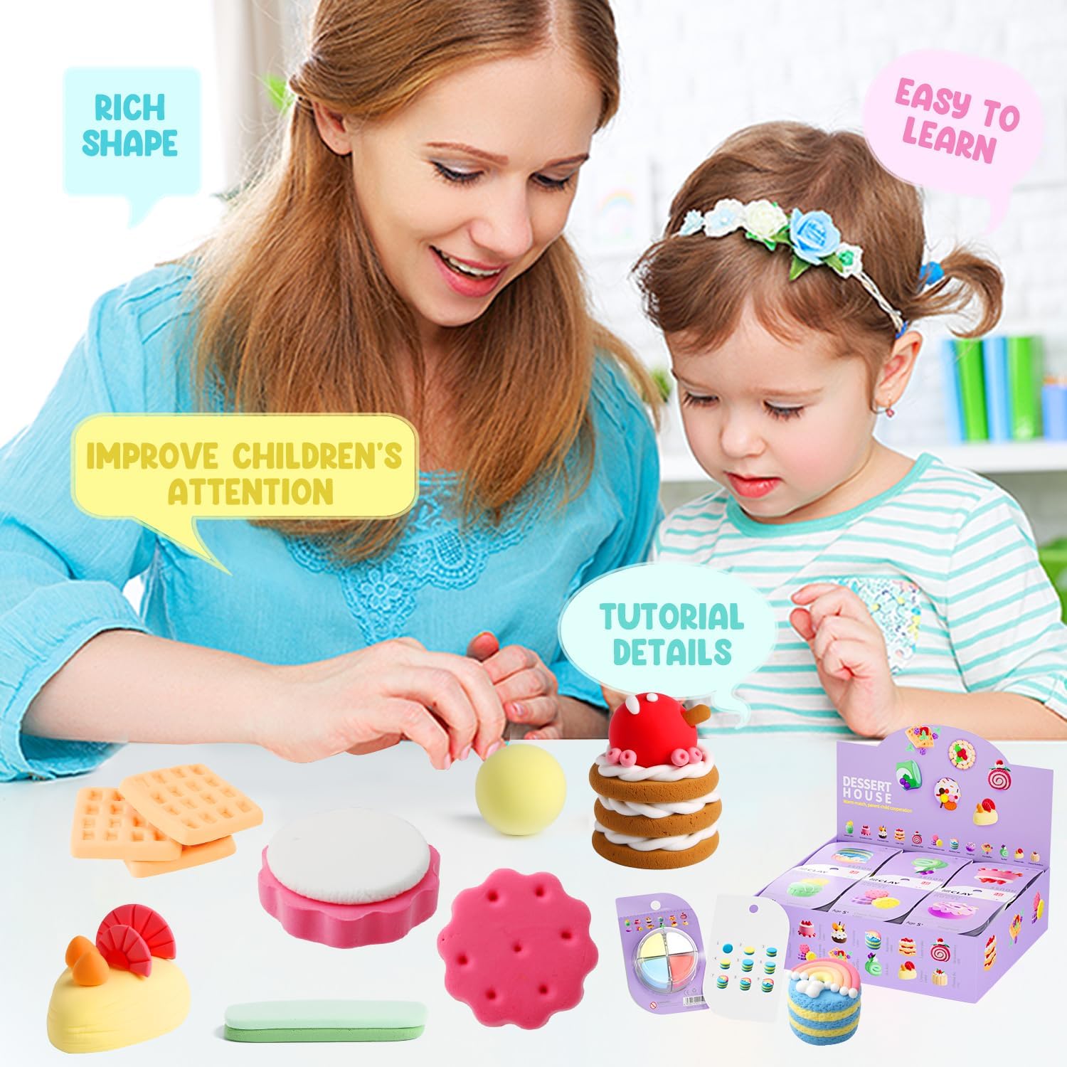 Playzokids air dry clay dessert house kit with 12 lightweight, soft, non-toxic modeling clay pieces for kids.