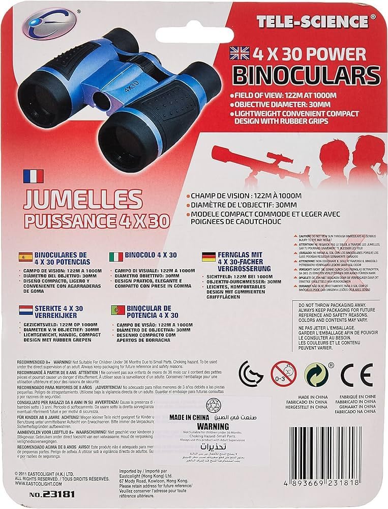 Playzokids Eastcolight 4x30 binoculars with adjustable eyepieces and lightweight design for outdoor viewing and exploration.