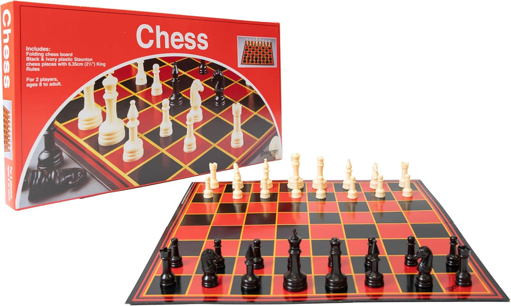 Pressman folding chess game board in red, black, and white with chess pieces set up for play.