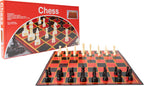 Pressman folding chess game board in red, black, and white with chess pieces set up for play.