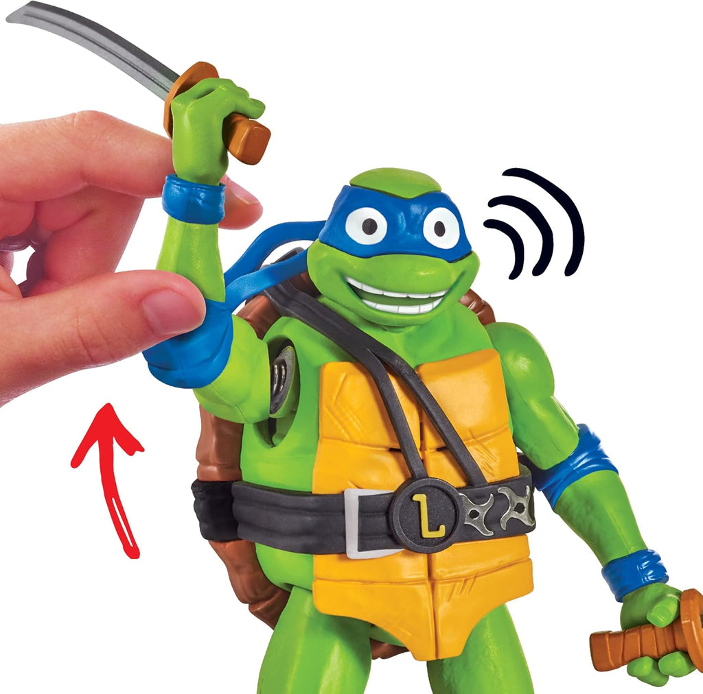 Playmates Mutant Mayhem 5.5-inch Leonardo Ninja Shouts action figure with detailed costume and expressive face.