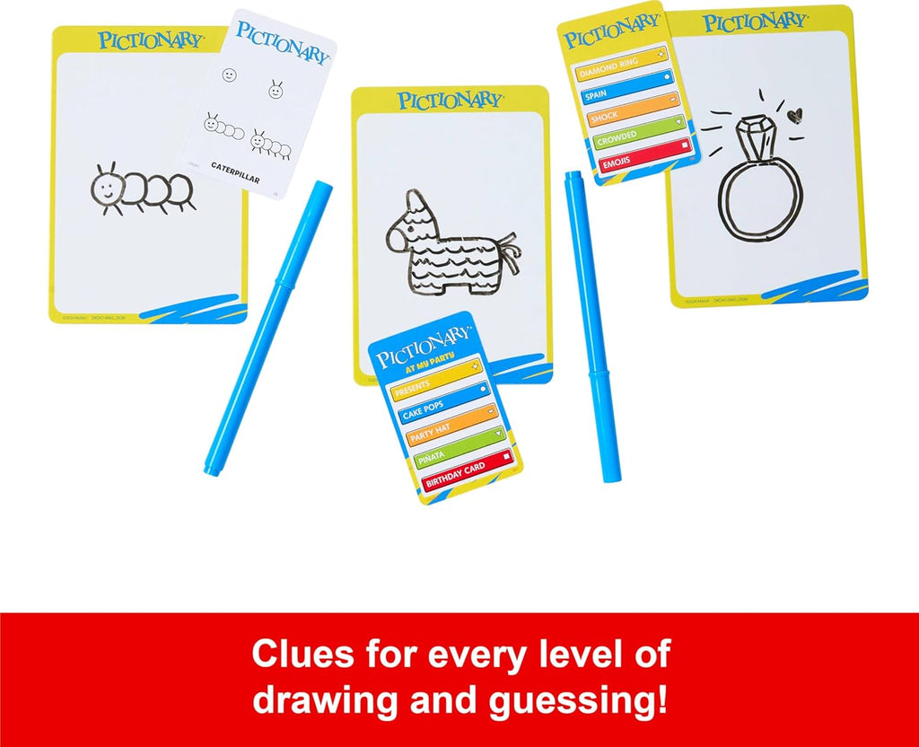 Mattel Pictionary board game with colorful game pieces and drawing cards laid out on a wooden table.