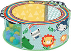 Colorful Fisher-Price circular ball pit balls in red, blue, yellow, and green for children's play and sensory fun.