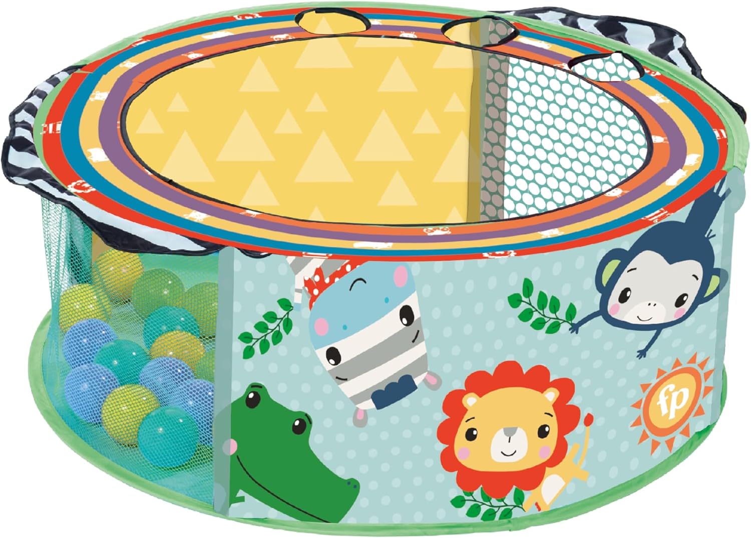 Colorful Fisher-Price circular ball pit balls scattered inside a play area, showcasing soft, lightweight plastic construction.