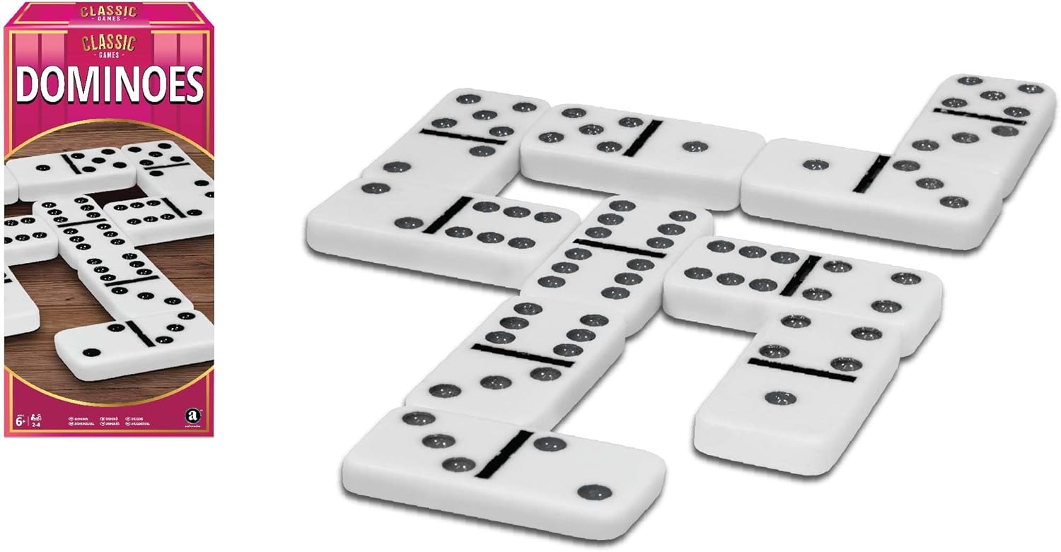 Playzokids Ambassador MA Classic Dominoes set with black and white tiles on a wooden surface.