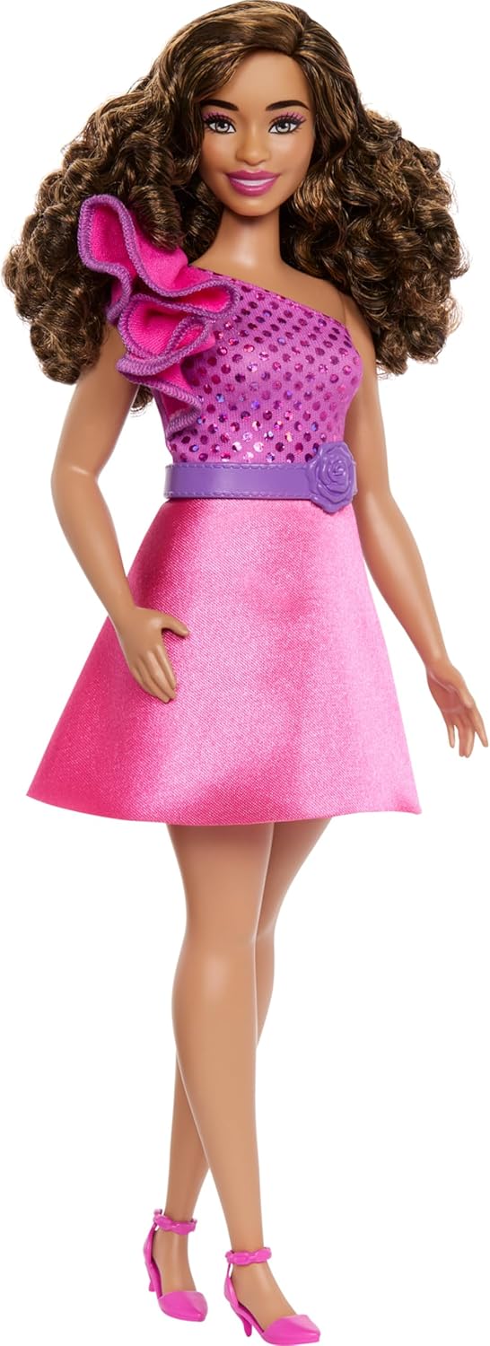 Mattel Barbie Fashionistas doll with stylish outfit, long blonde hair, and colorful accessories, posing against a white background.
