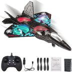 Remote controlled fighter toy airplane with 2.4GHz quadcopter technology, black and gray design, suitable for indoor and outdoor play.