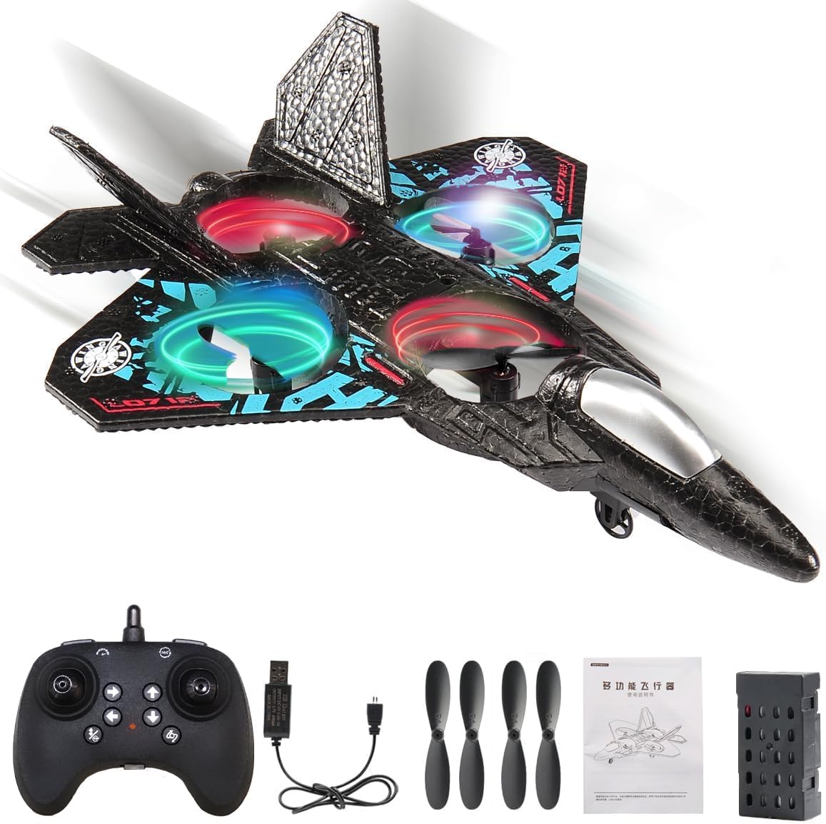 Remote controlled fighter toy airplane with 2.4GHz quadcopter technology, black and gray design, suitable for indoor and outdoor play.