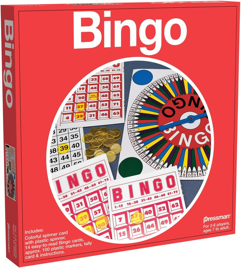 Pressman Toy Bingo game with colorful bingo cards and tokens, ideal for children and family fun.