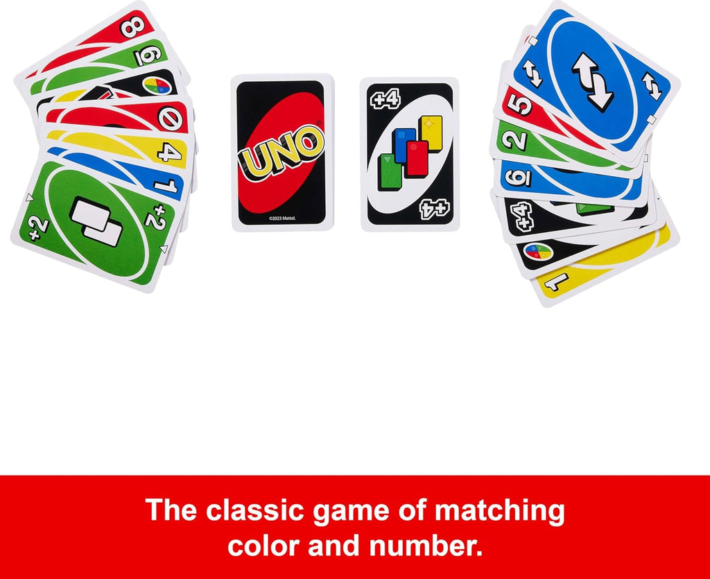 Mattel UNO classic card game with colorful playing cards spread out on a table, ready for gameplay