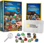 Playzokids National Geographic rock and mineral starter kit with various colorful rocks and minerals for educational exploration.