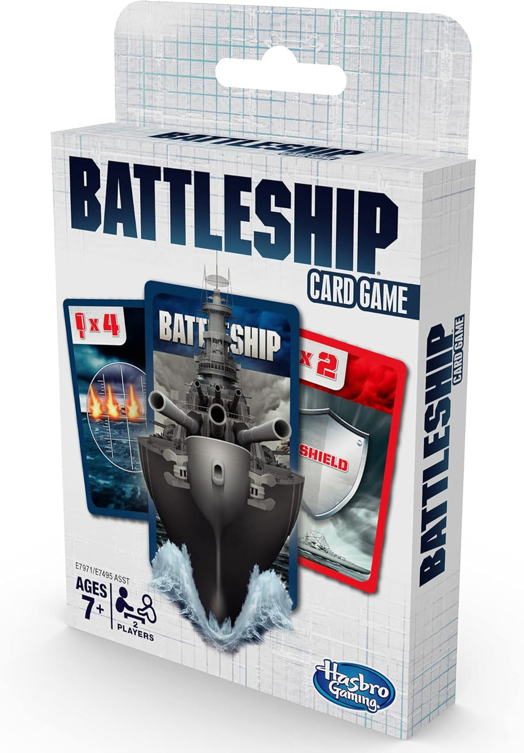 Hasbro Gaming Classic Battleship card game showing colorful game box and cards on a table.