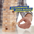 Hasbro Classic Jenga game with wooden blocks stacked in a tower, ready for gameplay, made in the USA.