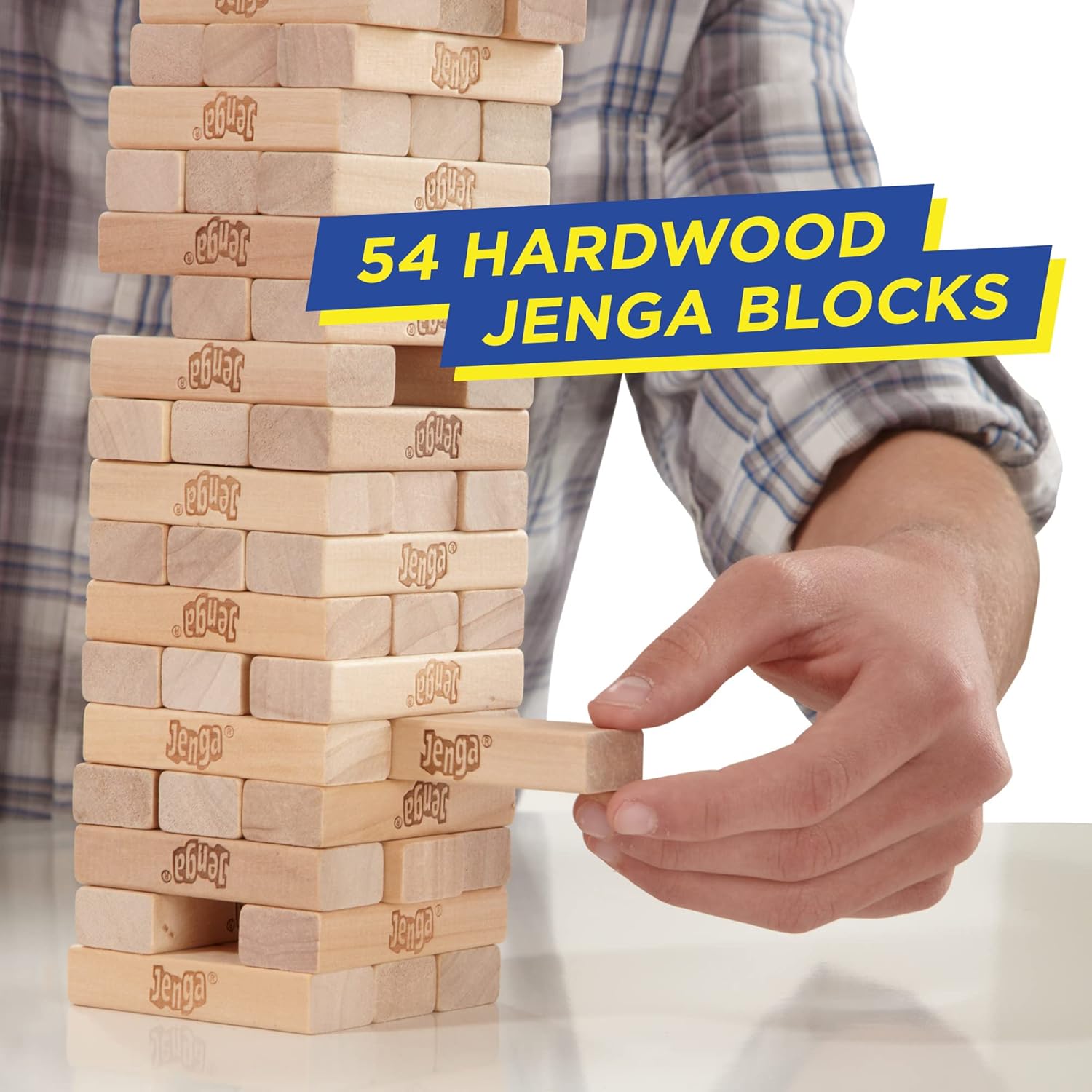 Hasbro Classic Jenga game with wooden blocks stacked in a tower, ready for gameplay, made in the USA.
