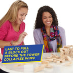 Hasbro Classic Jenga game set with wooden blocks stacked in a tower, ready for gameplay. Made in the USA.