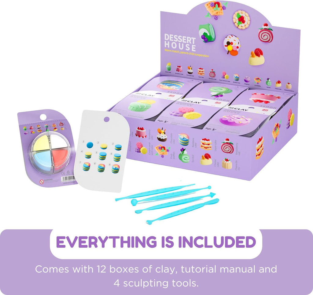 Playzokids air dry clay kit featuring 12 colorful dessert house models, soft, lightweight, safe, non-toxic modeling clay for kids.
