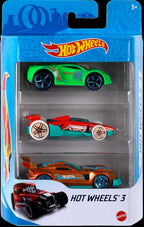 Three Hot Wheels toy cars from Mattel's 3 Car Pack Instant Starter Set, featuring colorful miniature race cars on a plain background.