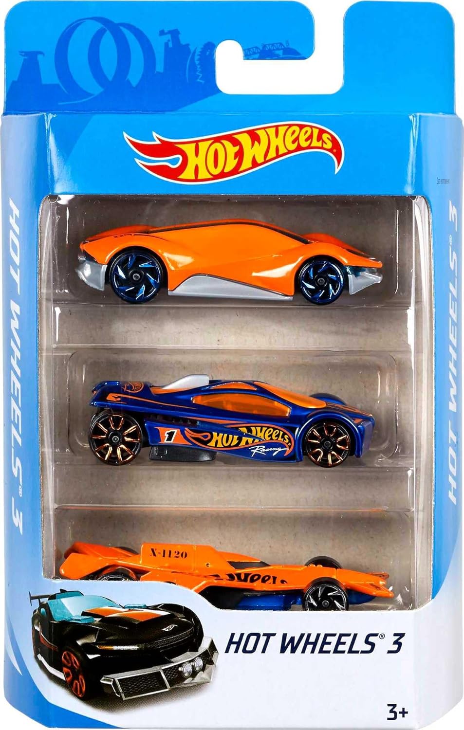 Set of three Hot Wheels toy cars from Mattel's instant starter pack, featuring colorful miniature race cars on a white background.