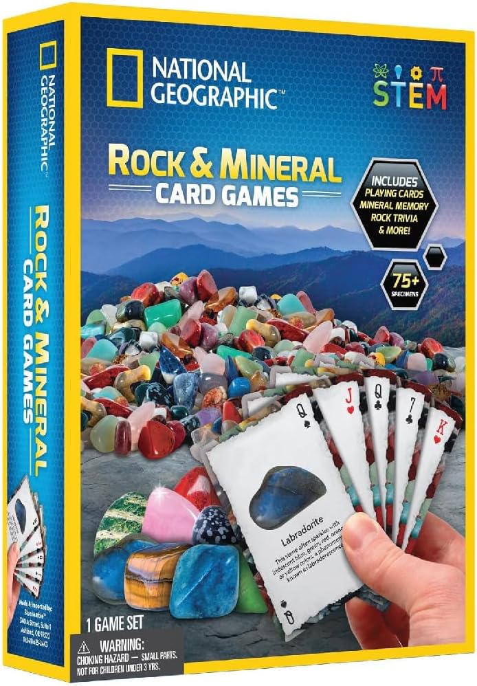 Colorful National Geographic rock and mineral card game by Playzokids, featuring illustrated cards with various rocks and minerals. Main image