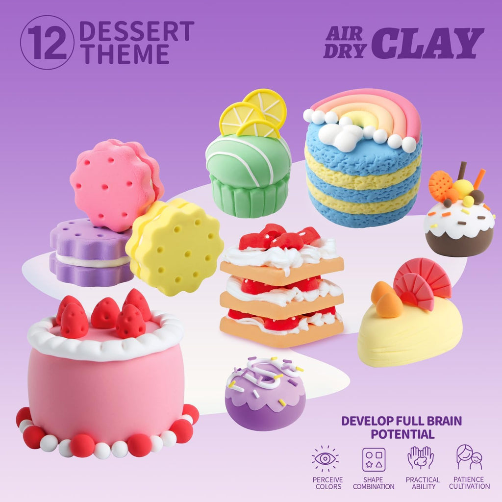 Playzokids air dry clay kit includes 12 soft modeling clay pieces for kids to create dessert house models, safe and non-toxic.