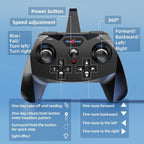 Remote controlled fighter toy airplane with 2.4GHz quadcopter design, featuring sleek aircraft details and propellers.