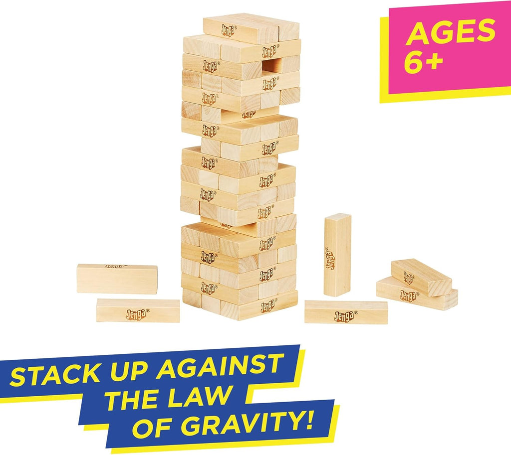 Hasbro Classic Jenga game with wooden blocks stacked in a tower, made in the USA, for fun tabletop gameplay.
