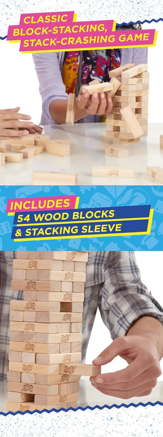 Hasbro Classic Jenga game with wooden blocks stacked in a tower, ready for a fun and challenging game session.
