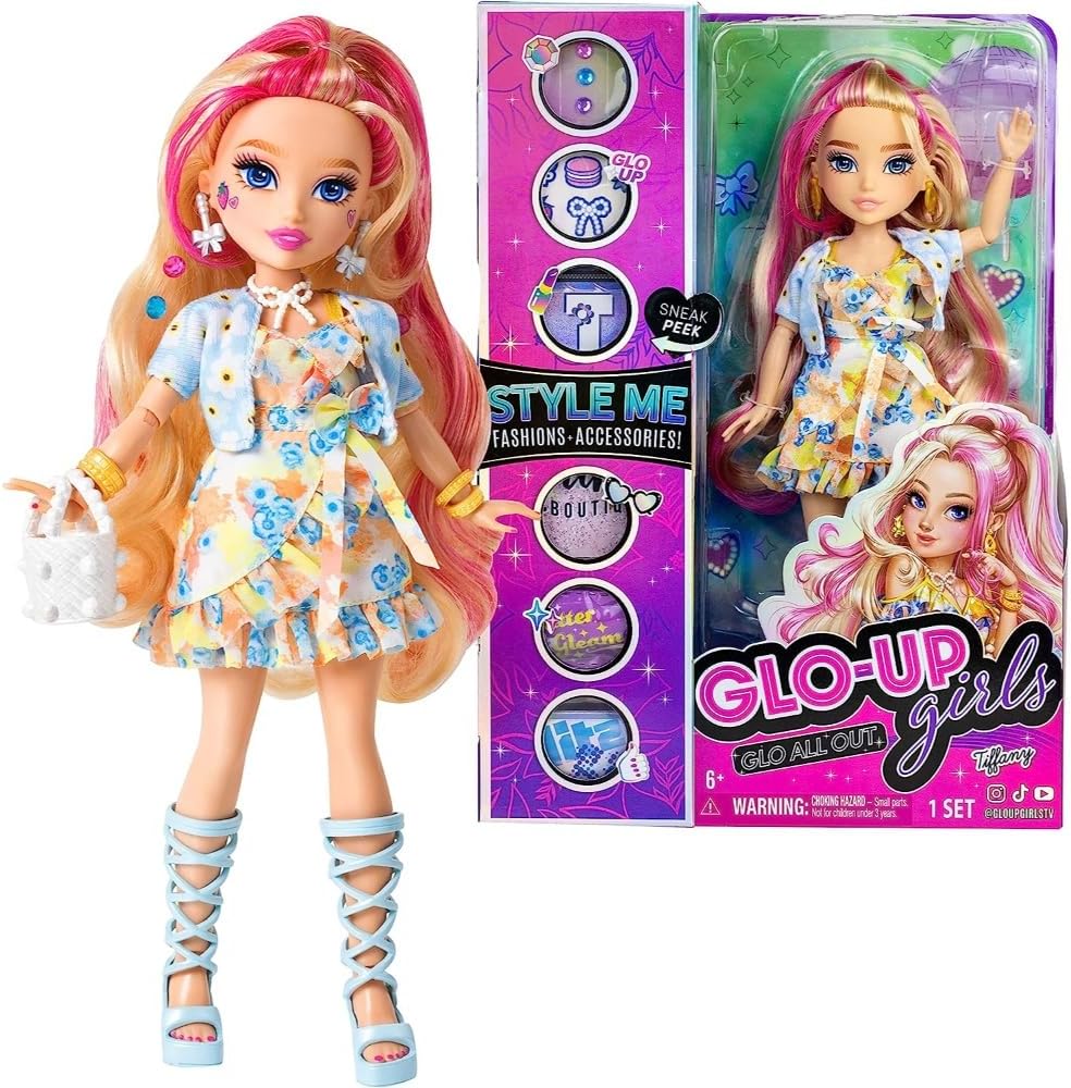 Playzokids GLO-UP Girls Tiffany Blonde fashion doll with jewelry, hair gems, accessories, face stickers, makeup, and nails.