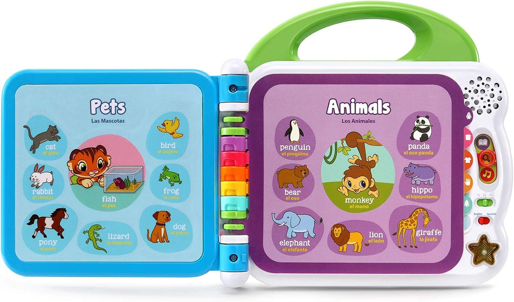 Vtech Leapfrog 100 Animals Book showing colorful pages with animal illustrations and interactive features for children.