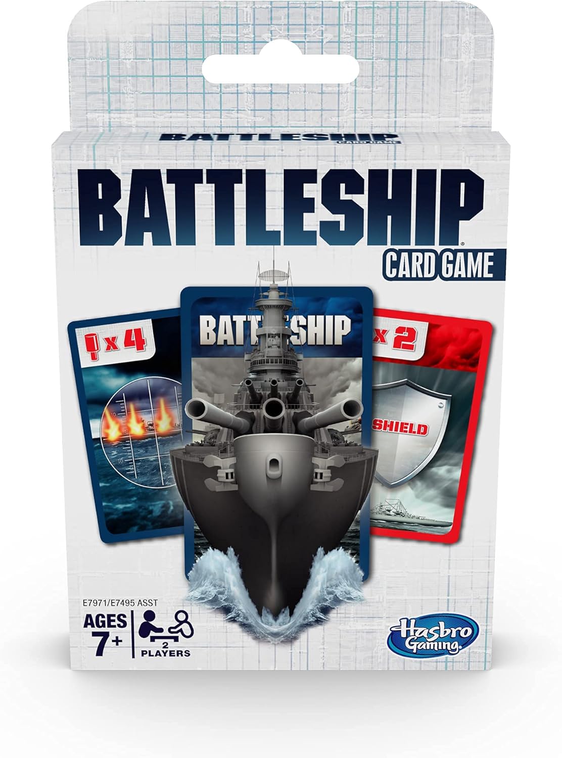 Hasbro Classic Battleship card game with colorful game pieces and packaging, perfect for family fun and strategic play. Main image