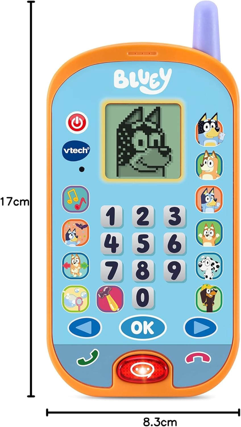 VTech Bluey Ring Ring Learning Phone with colorful buttons and Bluey character design, ideal for preschool children.