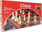 Pressman folding chess board game in red, black, and white with chess pieces set up for play.