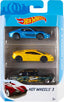 Three Hot Wheels toy cars from Mattel's instant starter set, featuring colorful designs and detailed car models.