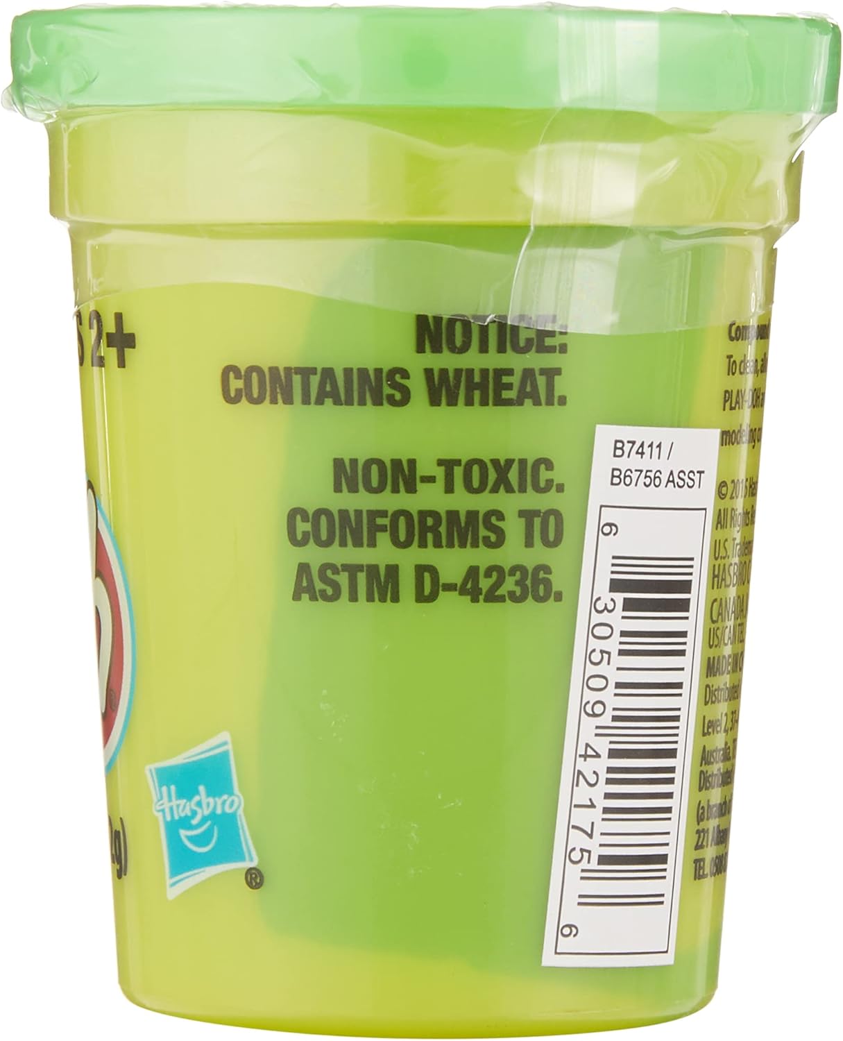 Neon green Play-Doh single can of dough by Hasbro, 113g, showing the colorful plastic container and vibrant dough inside.