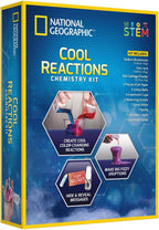 National Geographic Cool Reactions Chemistry Kit by Playzokids, featuring colorful test tubes and scientific equipment for experiments.