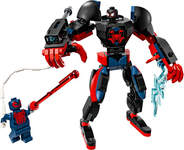 LEGO Marvel Miles Morales mecha and Spider-Man action figures from set 76337, featuring detailed superhero characters and accessories.