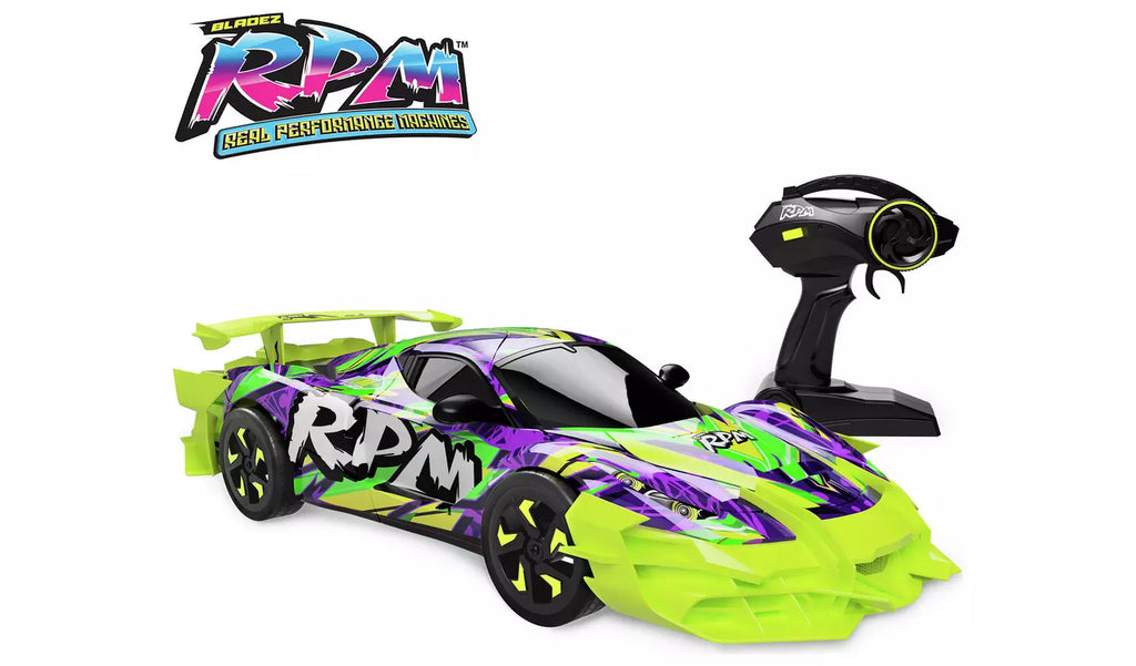 Bladez Toys RC Ultimate Racer 1:10 high-speed remote control car shown on a smooth track in vibrant colors.